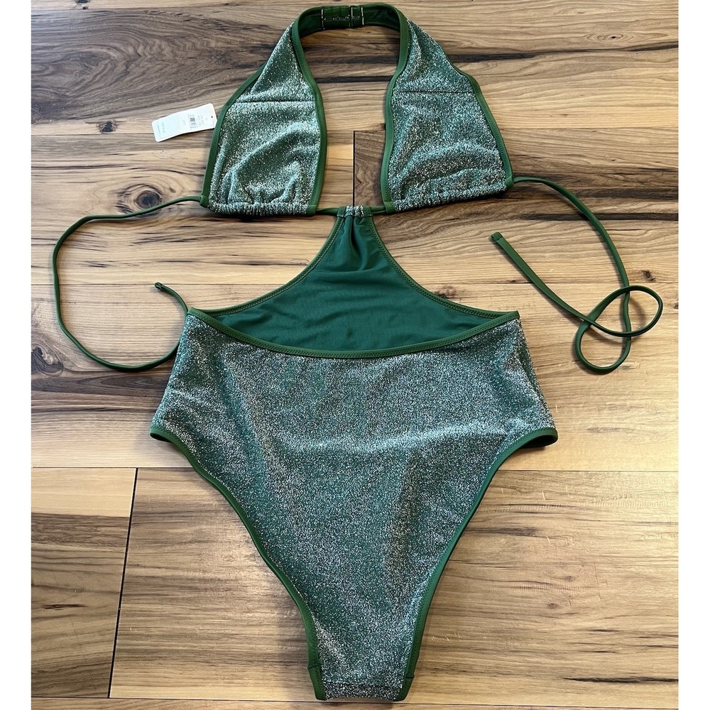 Aerie Green Shimmer Cut Out One Piece Swimsuit NWT Women's S Sparkle Monokini